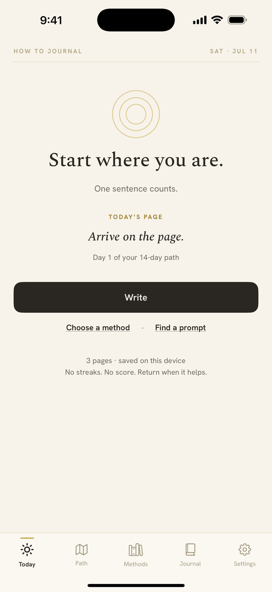 App screenshot: Today’s page with one prompt — Arrive on the page, day 1 of the 14-day path.