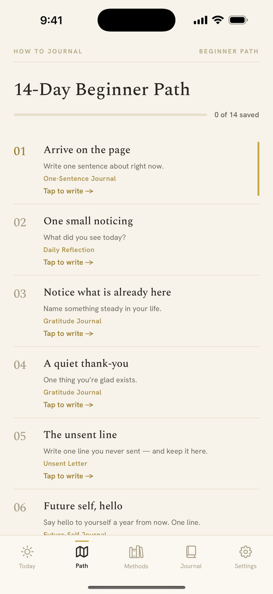 App screenshot: the 14-day beginner path, one small prompt per day.