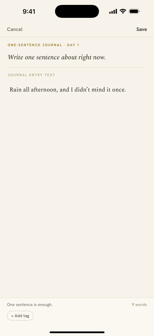 App screenshot: the private editor with a single honest sentence written.